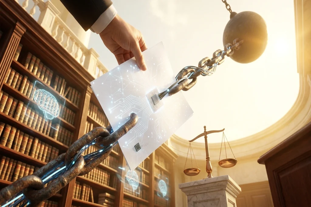 A 4-page federal framework document with an industrial wrecking ball mechanism embedded in its spine for Trump's 4-Page AI...