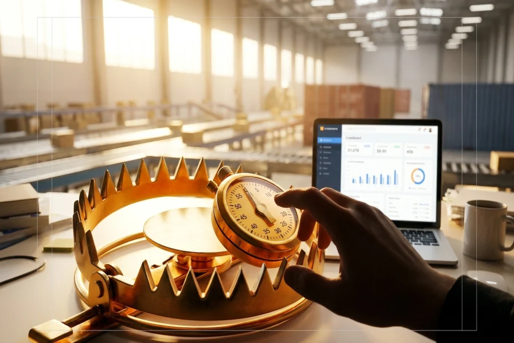 a countdown-timer bear trap — the dial and the jaws are a single cast mechanism for The 30-Minute Trap: Alibaba's AI Agent...