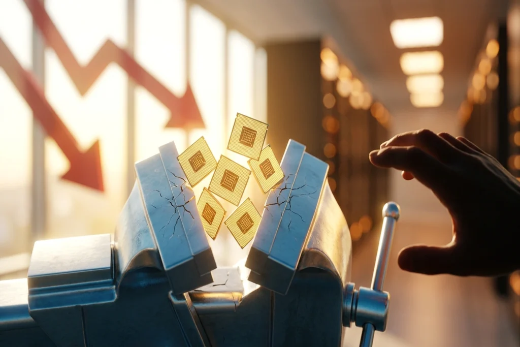 a compression vice cracking apart as the single memory chip inside it multiplies into six for TurboQuant's 6x Compression ...