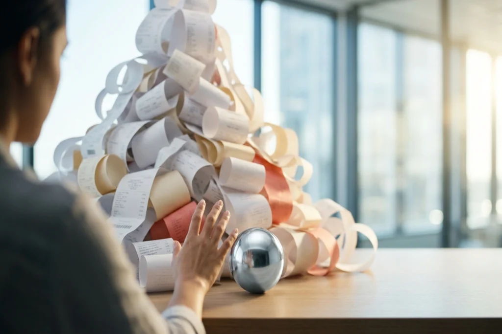 A platinum AI coding badge with a receipt spool overflowing into a mountain of invoices for AI Coding Tools Cost $6,750/yr...