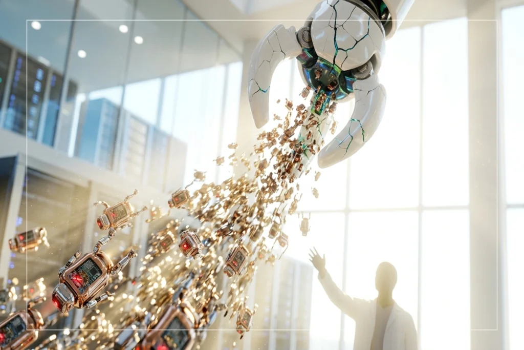 a cracked mechanical claw hemorrhaging thousands of tiny exposed agents for OpenClaw Security Crisis: 30K Exposed AI Agent...