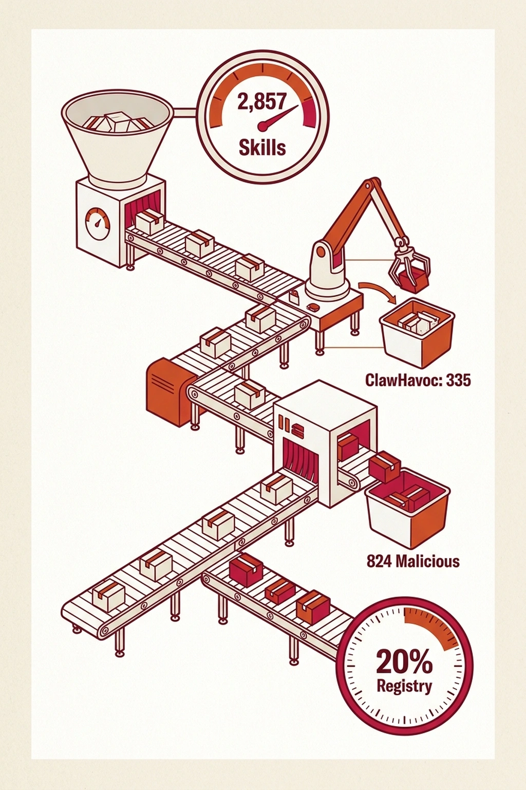 Infographic illustrating Threat Vector 2: ClawHavoc - Supply Chain Poisoning at Scale from OpenClaw Security Crisis: 30K Expo