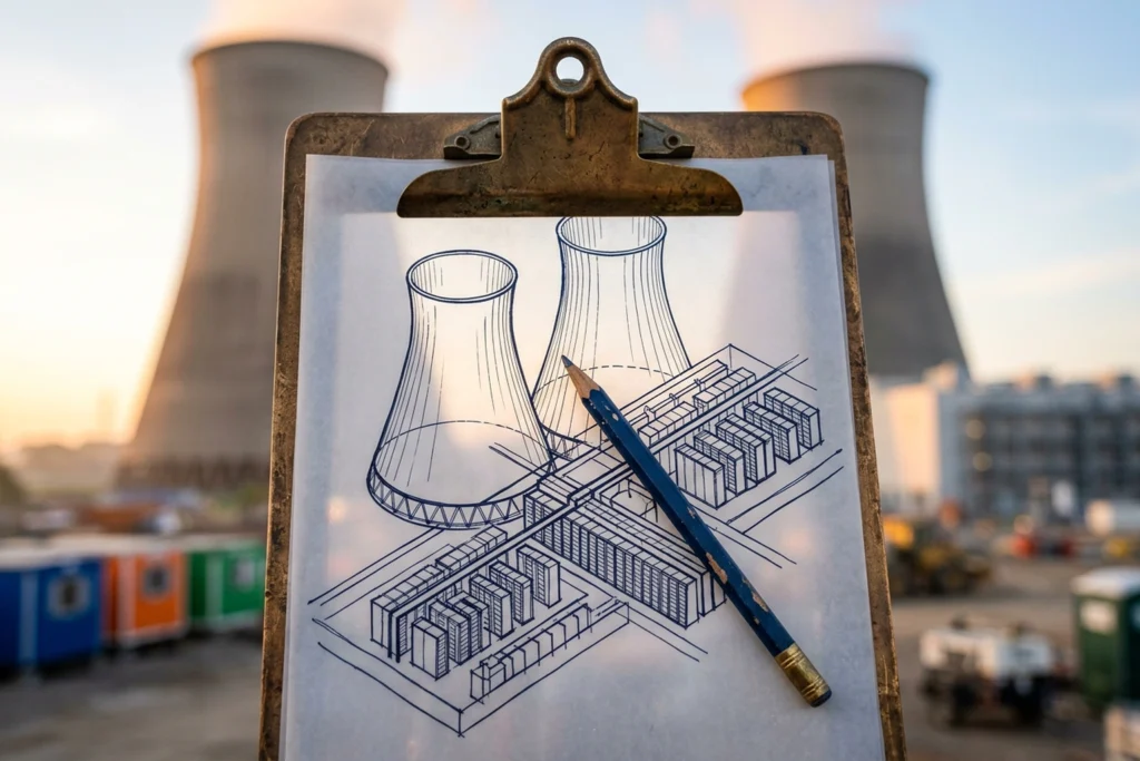 Macro shot of blueprints merging nuclear and data center schematics with reactor cooling towers visible in background at dawn
