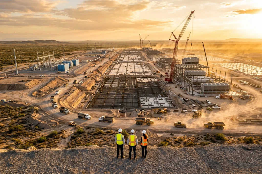 Aerial view of massive data center construction site in desert at golden hour with executives overseeing infrastructure build