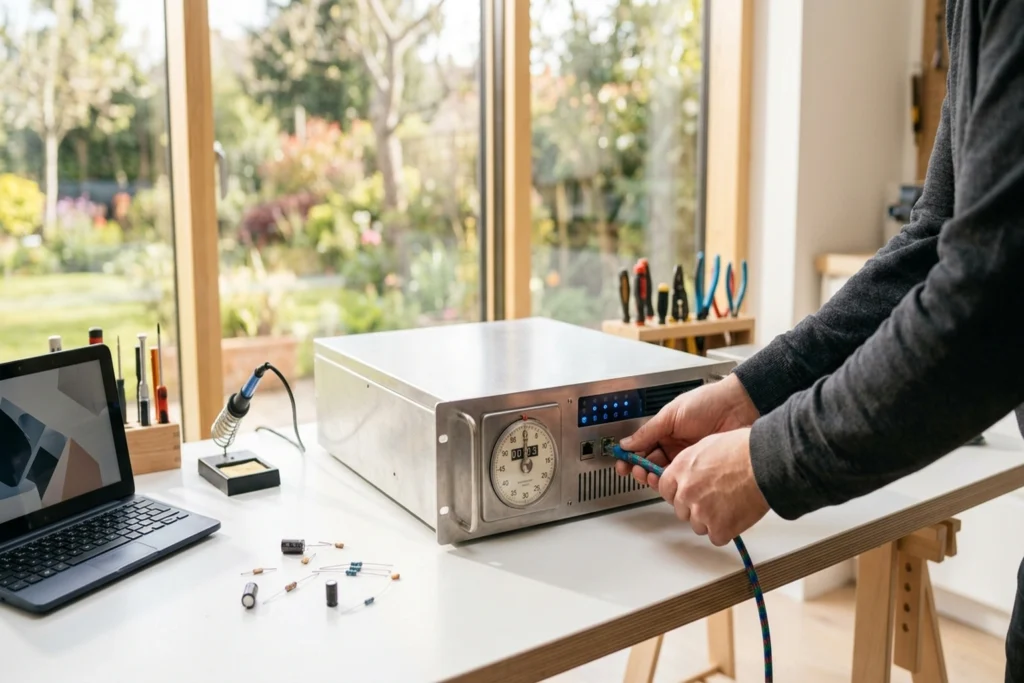 A server chassis with a mechanical countdown timer fused into its front panel for Build an MCP Server in 45 Minutes: The M...