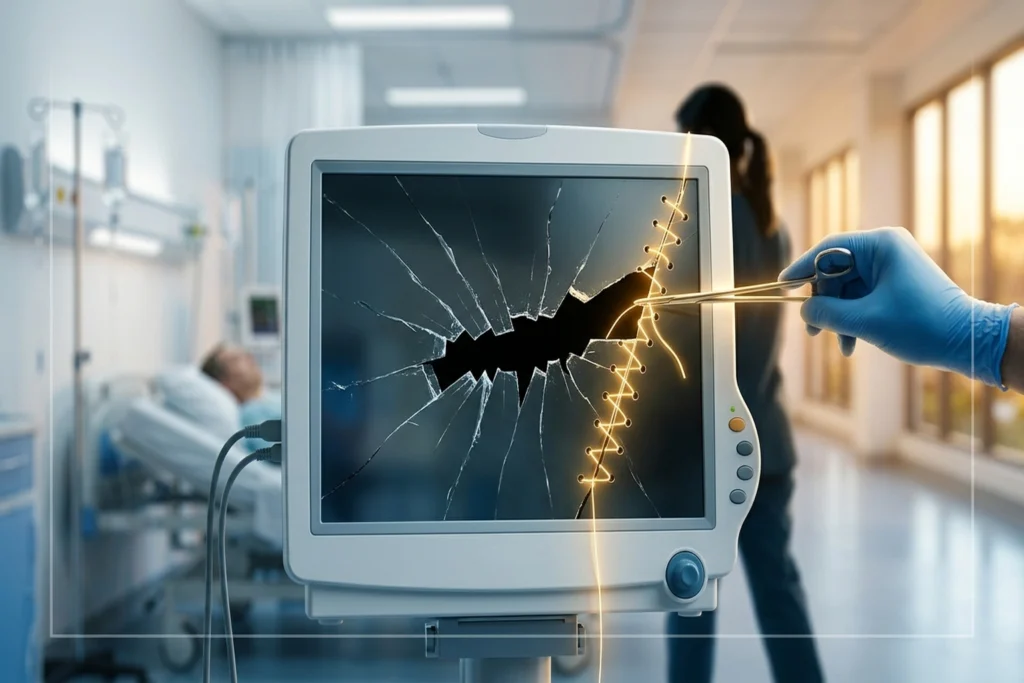 a hospital patient monitor physically cracked with a 15-segment gap, being sutured closed with glowing surgical thread for...