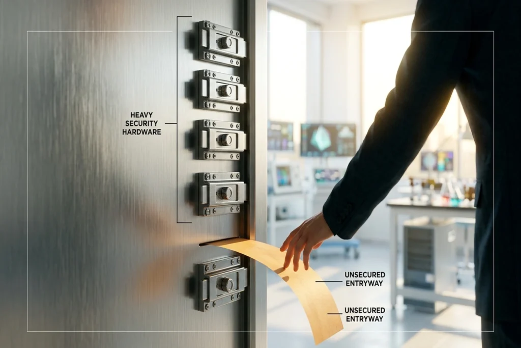 A vault door with 5 distinct locks but a paper scroll threading through the bottom gap for Stop Prompt Injection: 5 Defens...