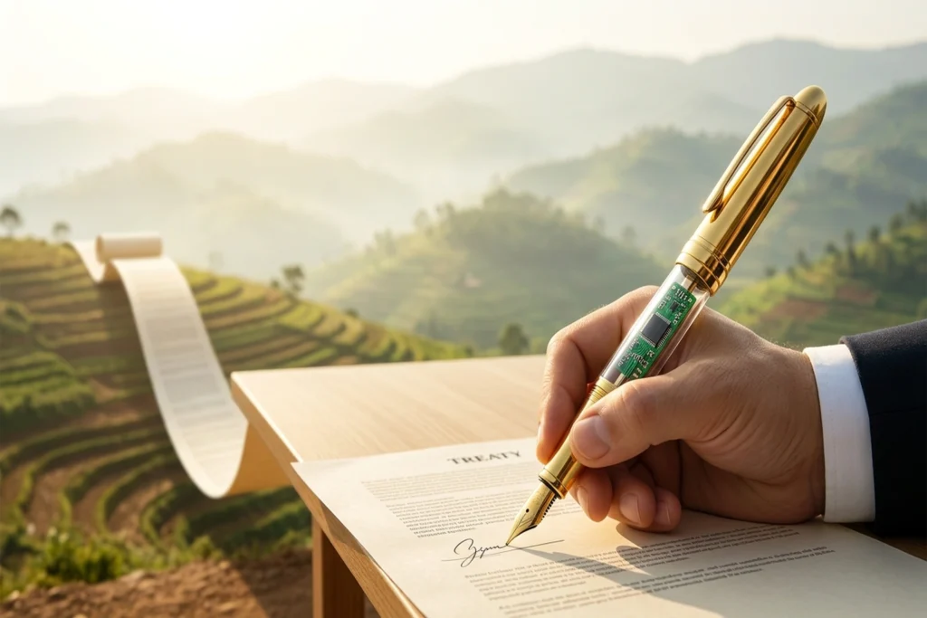 A golden fountain pen with a visible server blade sealed inside its barrel for Anthropic's $380B Rwanda Deal Rewrites the ...