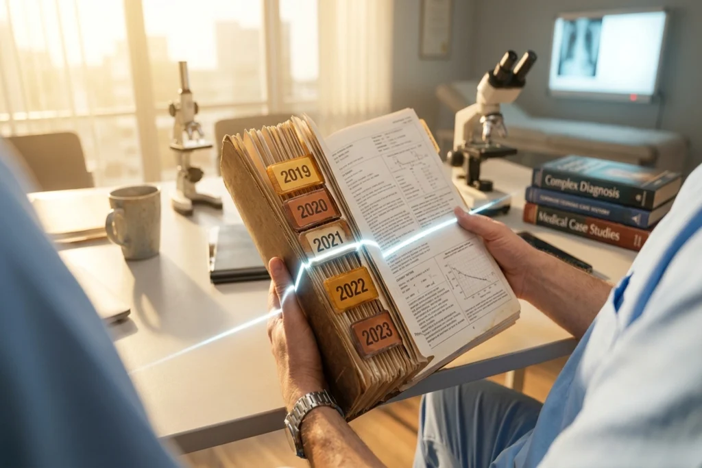 A thick medical case file with 5 stacked year-tabs embedded in its spine, pierced by a single diagnostic scan line for Dee...