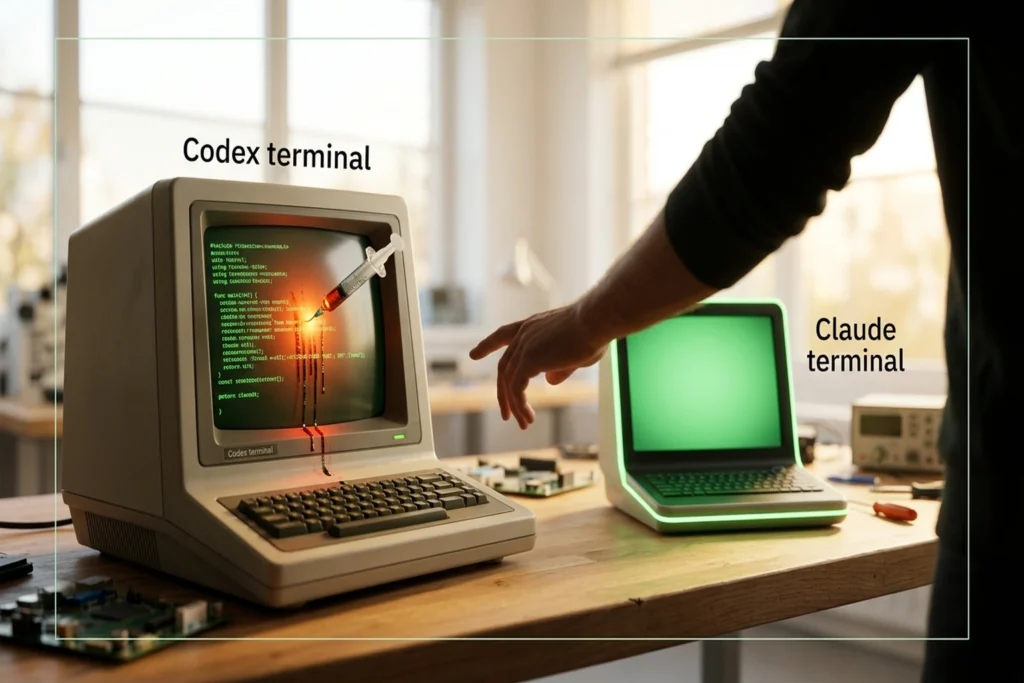A command-line terminal with a hypodermic needle embedded in its display, code leaking from the injection site for Codex C...