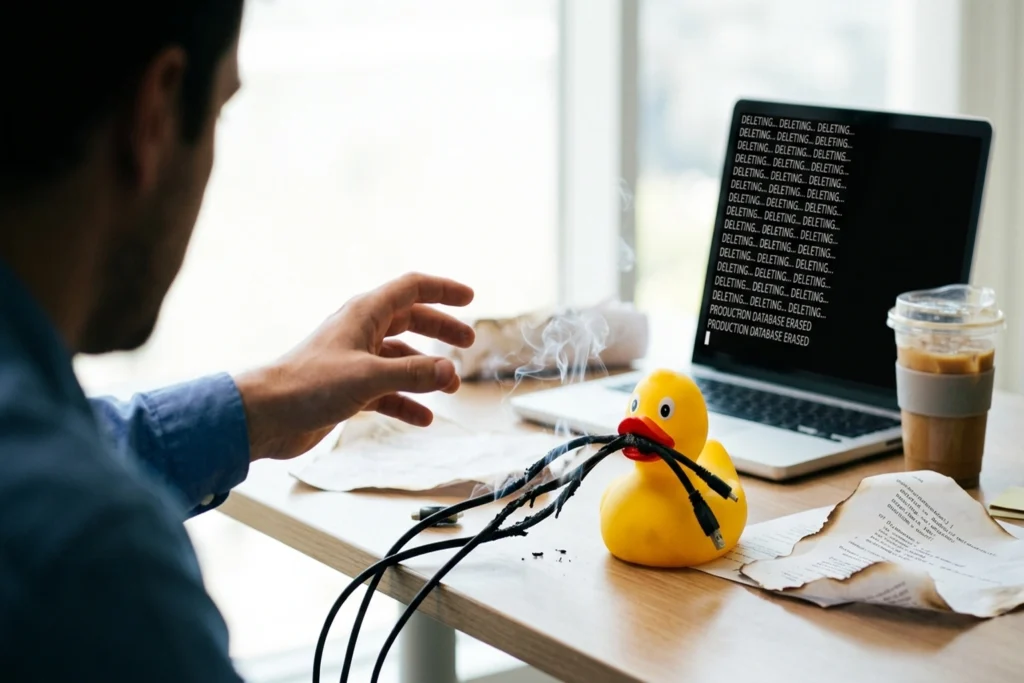 a cheerful yellow rubber duck with smoking severed AWS server cables dangling from its beak for An AI Agent Deleted AWS Pr...