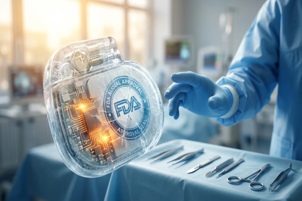 a translucent pacemaker with a frozen FDA approval seal while its internal circuits autonomously rewrite themselves for FD...