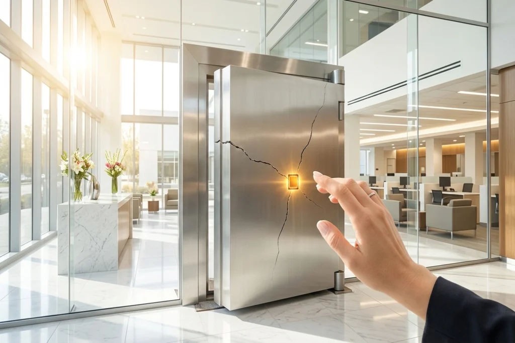 A cracked bank vault door with a tiny glowing chip sealing the fracture from within for 67% of Banks Can't Fight AI Fraud....