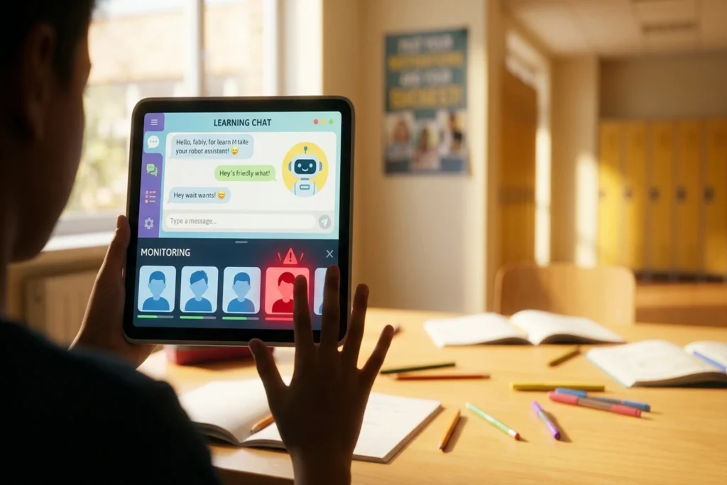 A school tablet whose bottom bar shows 5 student-monitor avatars with exactly 1 flagged red for 1 in 5 AI Student Chats Fl...