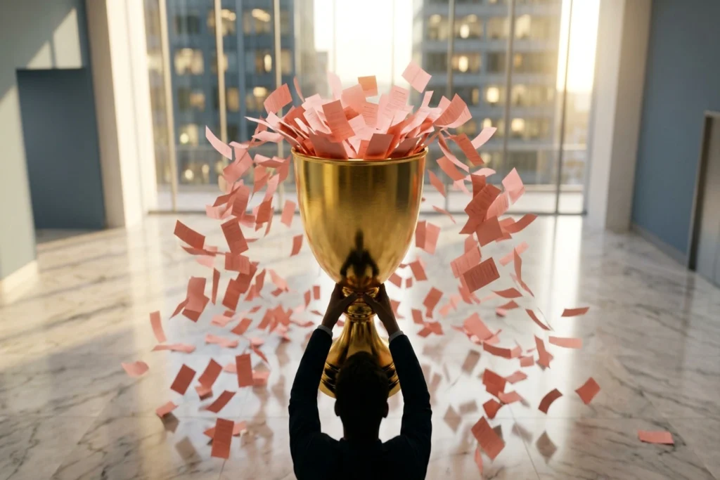 A golden celebration trophy spilling thousands of pink termination slips from its bowl for Morgan Stanley Cuts 2,500 Jobs ...