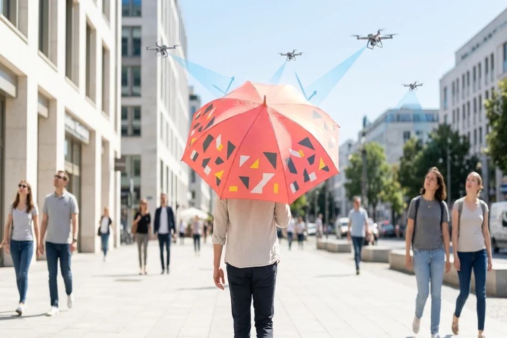 an ordinary umbrella with optical adversarial patterns that scramble drone computer vision for A $20 Umbrella Fooled Auton...