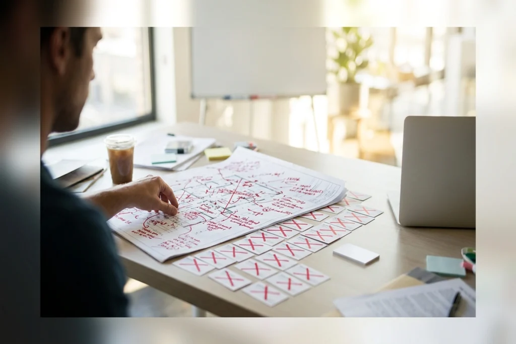 The over-annotated blueprint obliterated by its own red-ink corrections — Fine-Tuning's customization destroying readabili...