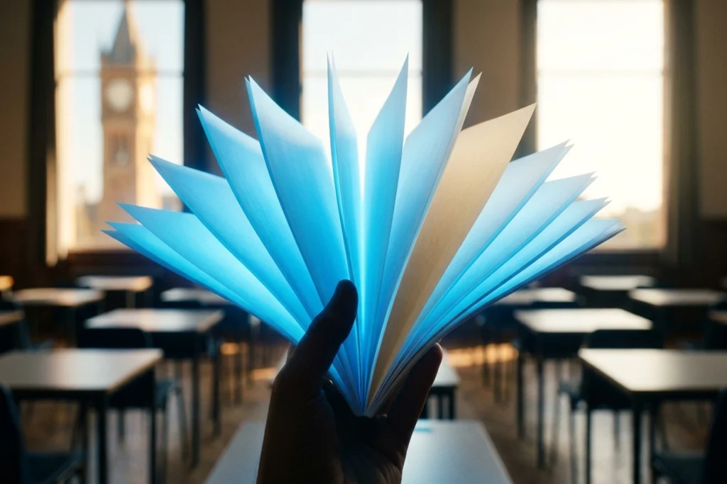 An examination booklet with 9 glowing AI-translucent pages and 1 remaining paper page for 90% of Students Use AI. Universi...