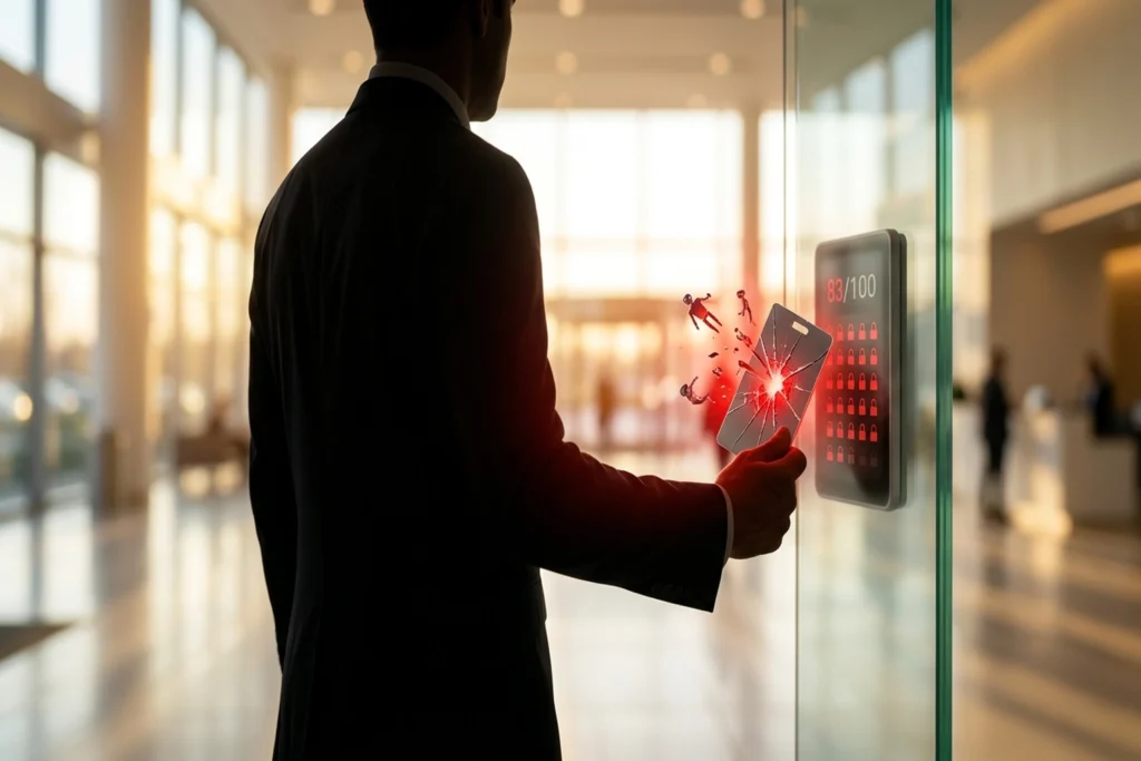 An ID badge cracked open like a doorway with AI agents emerging from inside it for 83% of Cloud Breaches Start at Identity...