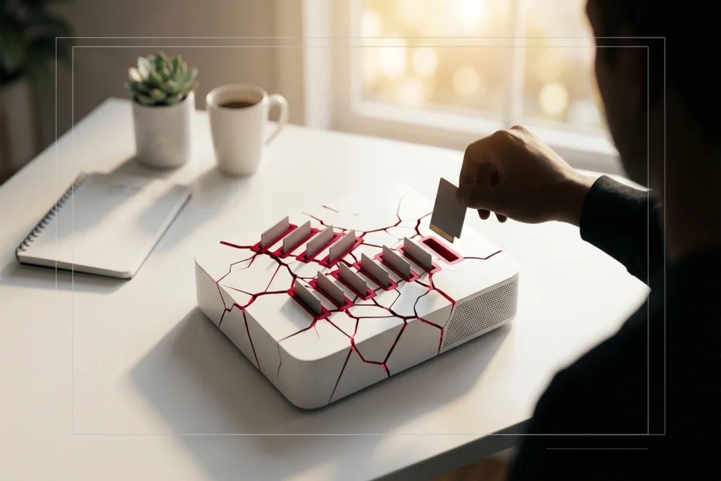 A white AI assistant hub physically cracking apart from its own plugin expansion slots, each slot a fracture line for 10 M...