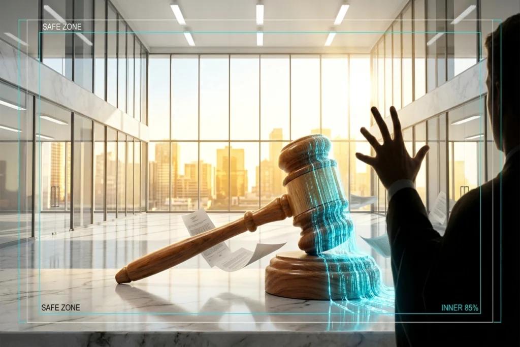 A judge's gavel with a ChatGPT-style conversation transcript scrolling across its surface like a digital display for ChatG...