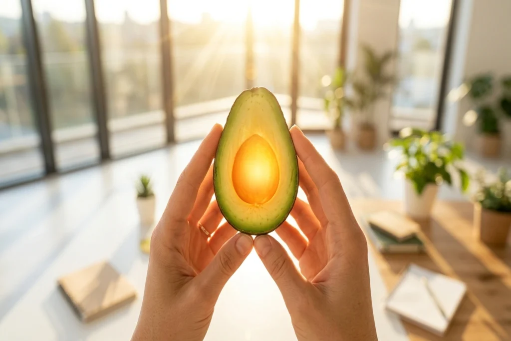 A cracked avocado fruit containing a bottomless glowing void where the pit should be for Meta Avocado AI Model Delay Expos...