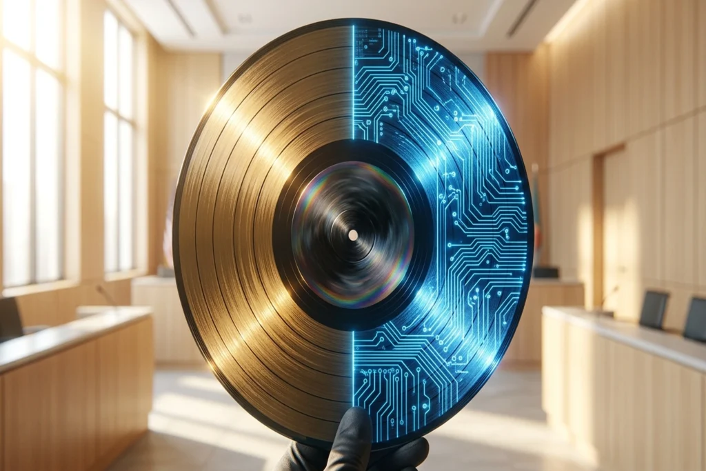 A vinyl record whose grooves physically transform from music grooves into AI circuitry, with the center license label burn...