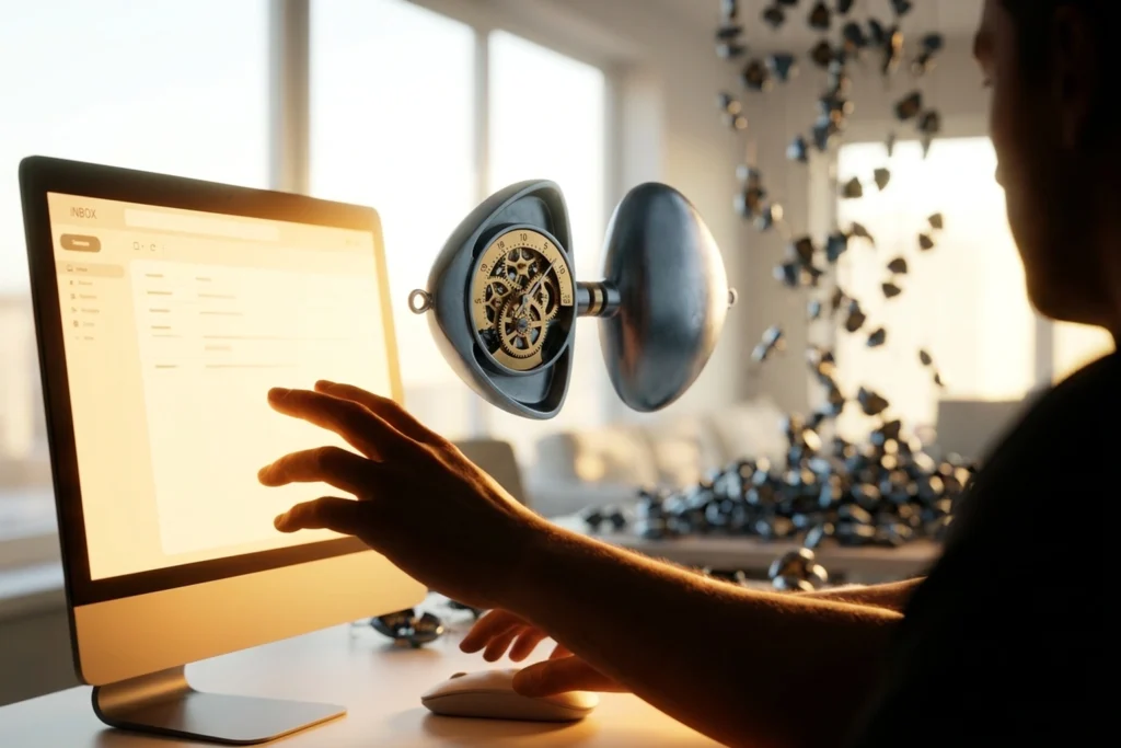 A bifurcated mechanical fishing lure with an embedded 19-second timer escapement for AI Phishing Doubles to One Attack Eve...