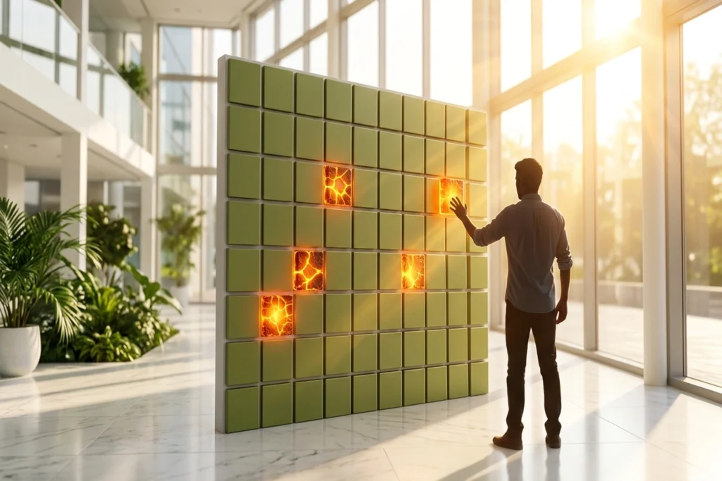 A GitHub contribution-grid tile wall with 4 cracked, amber-glowing tiles out of 100 for Claude Code's 4% GitHub Share Sign...