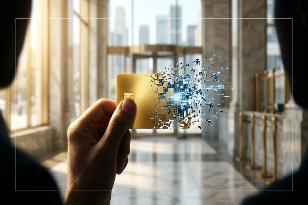 a golden credit card dissolving under a swarm of autonomous AI agents for Agentic AI Fraud Hits $442B as Bank Defenses Fai...