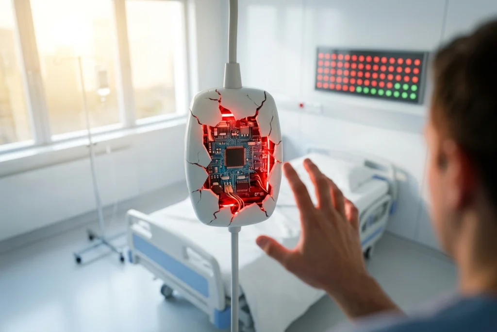 a cracked nurse call button revealing AI circuitry inside for 93% of Healthcare Providers Report AI Agent Security Inciden...