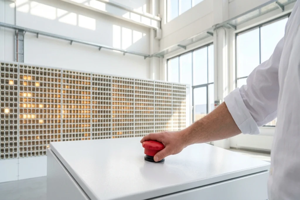 A single oversized mushroom-head kill-switch embedded dead-center in a vast 30,000-cell honeycomb relay grid for 30,000 AI...