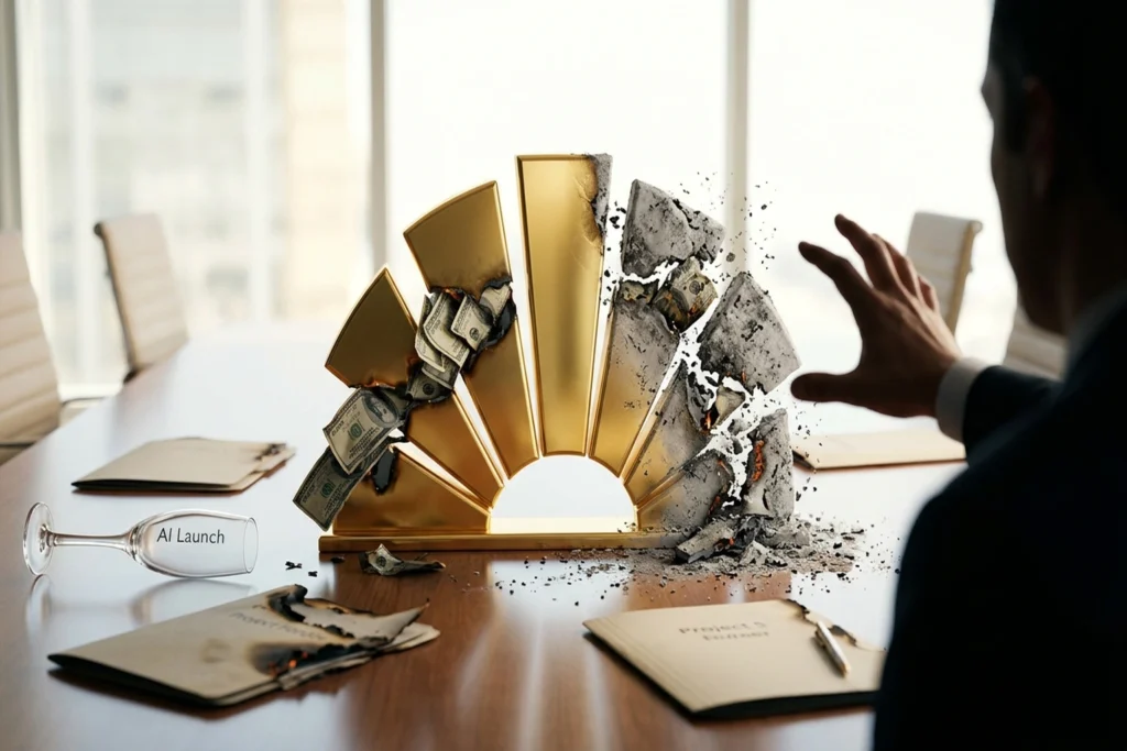 A five-segment golden achievement monument where 4 of 5 sections are visibly disintegrating into ash and debris for The 80...