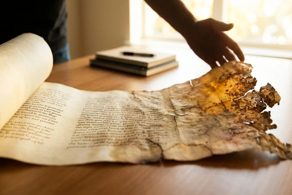 a progressively rotting unrolled scroll that transitions from pristine to corroded along its length for Context Rot Drops ...