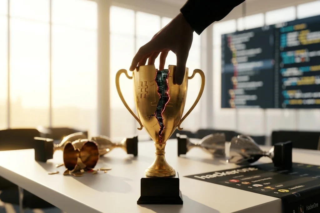 A golden #1 trophy split by a 9.8-scale crack that nearly severs it in two, exposing digital innards for XBOW AI Agent Hit...
