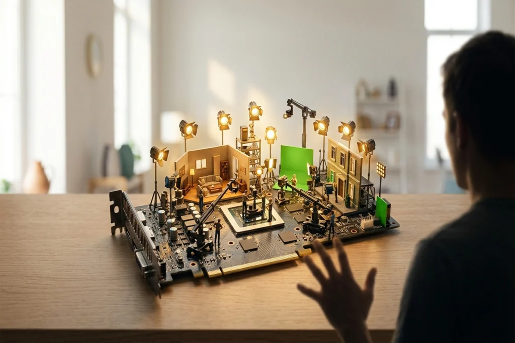 A consumer GPU card with a full miniature movie studio physically emerging from its circuit traces for Helios Turns a $400...