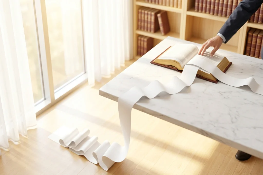 a Britannica volume whose pages ARE a receipt tape unspooling from inside the binding for OpenAI Scraped 100K Britannica A...