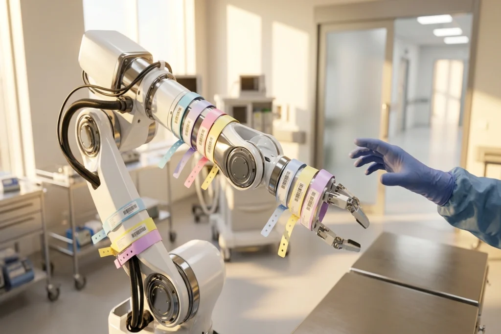 a pristine surgical robot arm with 8 hospital patient wristbands looped tight around its joints like shackles for Stryker ...