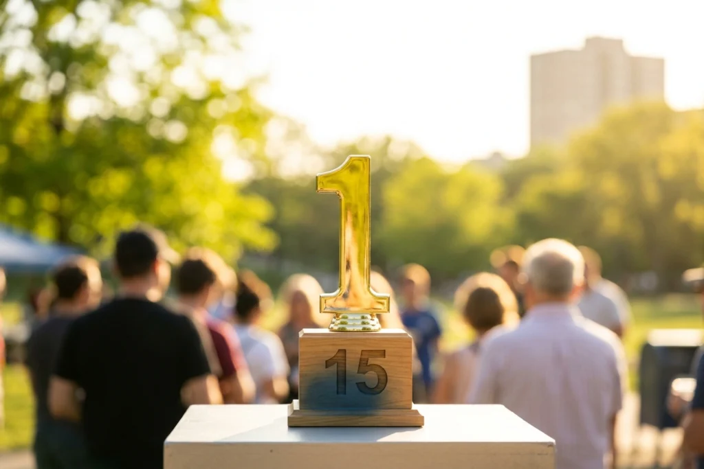 a golden #1 trophy with '15' etched into its base plate for Qwen 3.5 Benchmark Win Hides a 15th-Place User Verdict evoking...