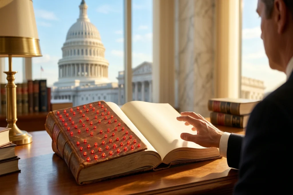 A law book studded with 73 red warning lights on its cover with blank pages inside for 73% of Government AI Projects Flagg...
