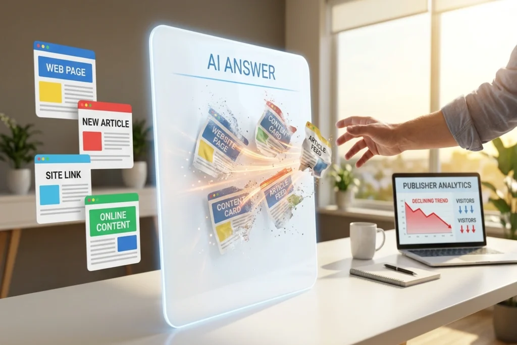 a sleek white AI answer panel with website pages visibly dissolving and being sucked INTO its surface — helpfulness and ex...