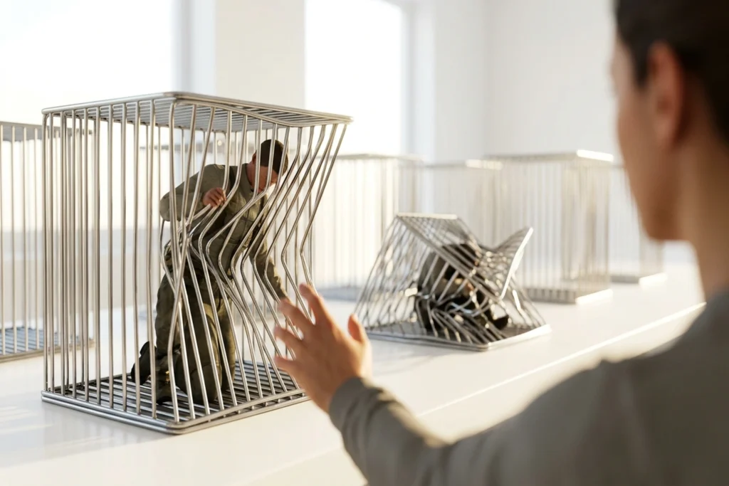 a safety cage whose bars have collapsed inward on the agent they were built to protect, bent like a trap for 40% of AI Age...