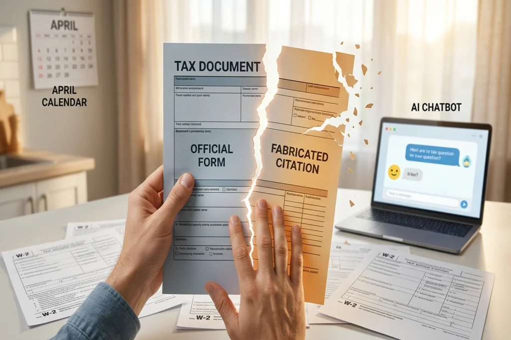 a tax document physically split between authoritative official form and dissolving fabricated citations for AI Tax Tools G...