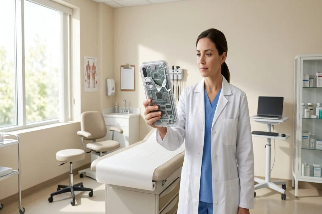a translucent AI scribe voice recorder revealing hidden medical diagnostic circuitry with its FDA certification seal delib...