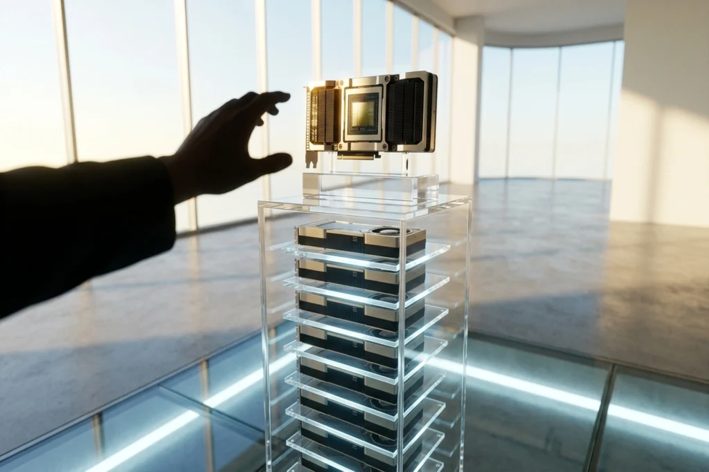 An H100 GPU trophy whose clear pedestal extends downward through the floor into a subterranean 27-tier tower of dormant GP...