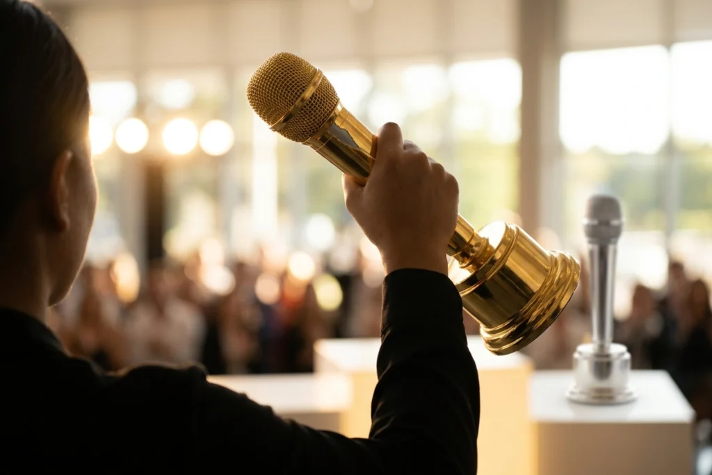 A gold-plated microphone trophy with a hairline flake of plating missing to reveal cheap plastic on the same surface for C...