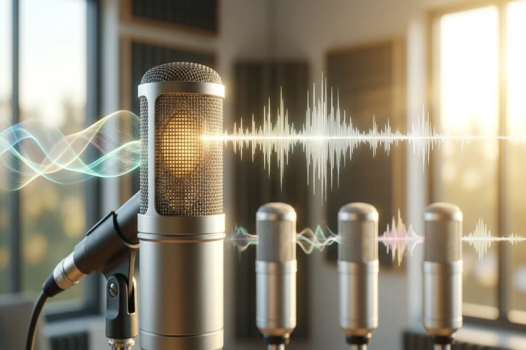 a razor-thin golden microphone trophy balanced on a hairline podium sliver for Cohere Transcribe Beats Paid ASR by 0.5%—No...