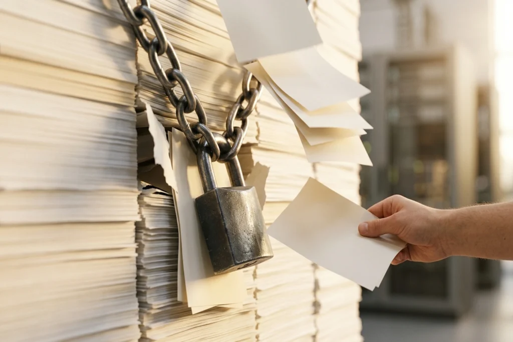 a padlocked fortress wall made of stacked code printouts for Twin Breaches Expose AI's Dangerous 'Lock It Up' Delusion evo...