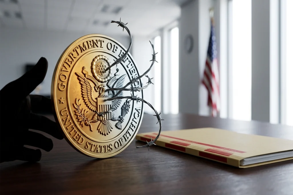 A gold ethics-compliance seal with barbed wire growing from inside it for Anthropic's $200M Refusal Exposes the Ethics-as-...