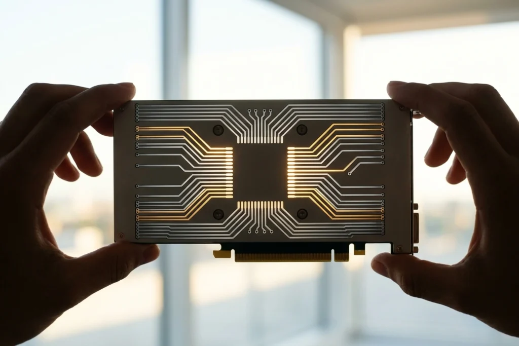 A GPU card with 26 etched circuit pathways where only 4 illuminate, physicalizing MoE's selective activation for Run Gemma...